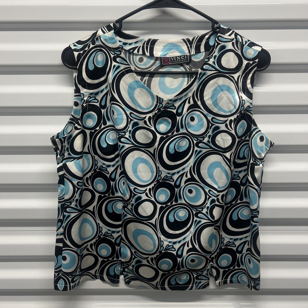 Vinci Womens Top Size M Blue Black Geometric Retro Psychedelic Sleeveless Blouse
